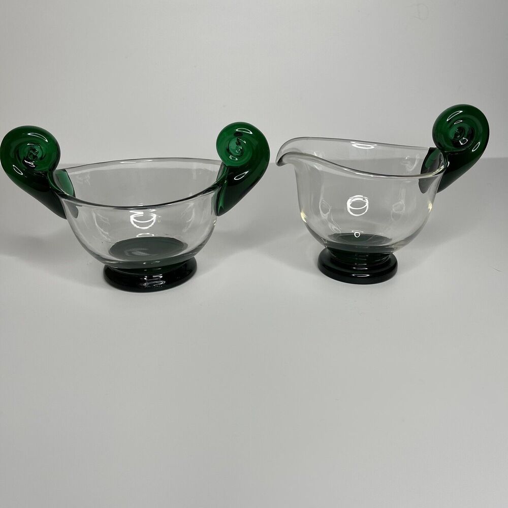 Vintage Fenton for Rubel P-31 Glass Creamer & Sugar 1950's Domitz Emerald Stroll